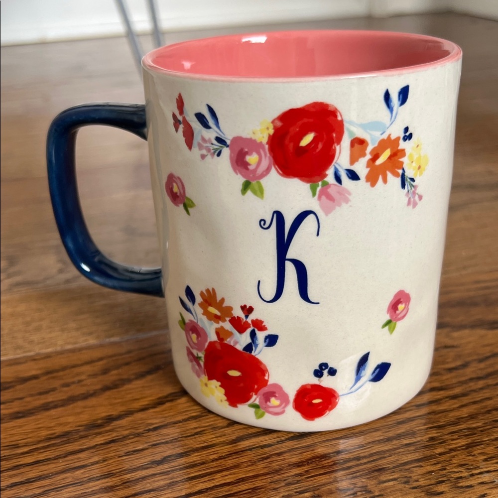 “K” Floral Initial Monogram Mug with Navy Handle
